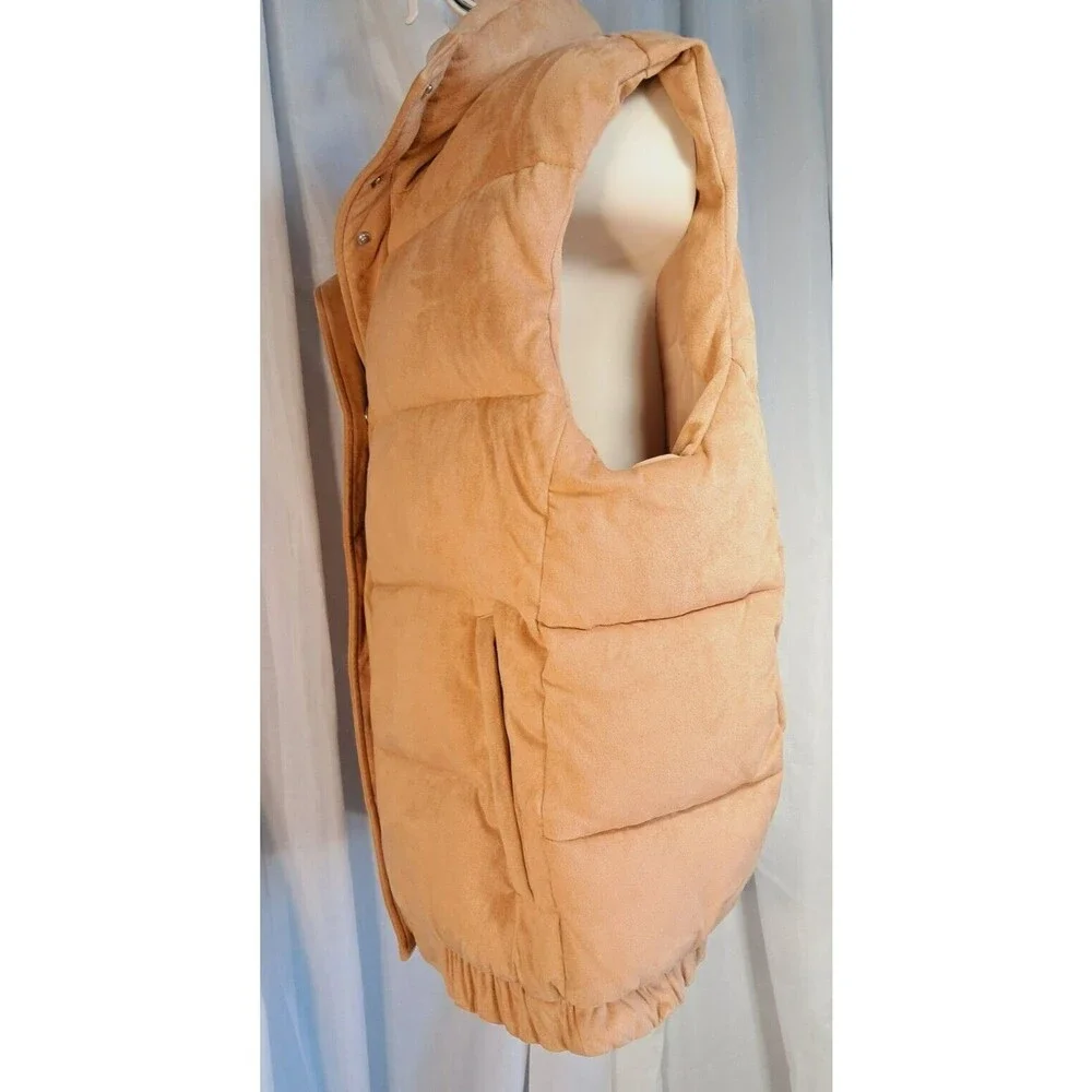 Express Faux Suede Tan Puffer Vest Zip Sample Size Mens Small Womens Large - Picture 13 of 15